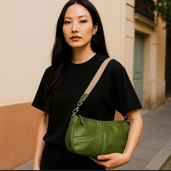 Tignanello Y2K Pebble Leather Bag Removable Canvas Shoulder Strap Kelly Green - Picture 12 of 12